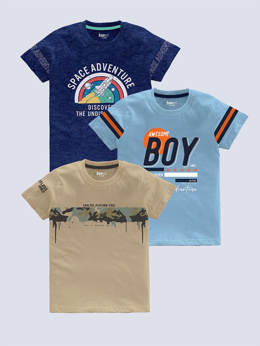 BAESD Boys Pack Of 3 Typography Printed Pure Cotton T-shirt, Blue
