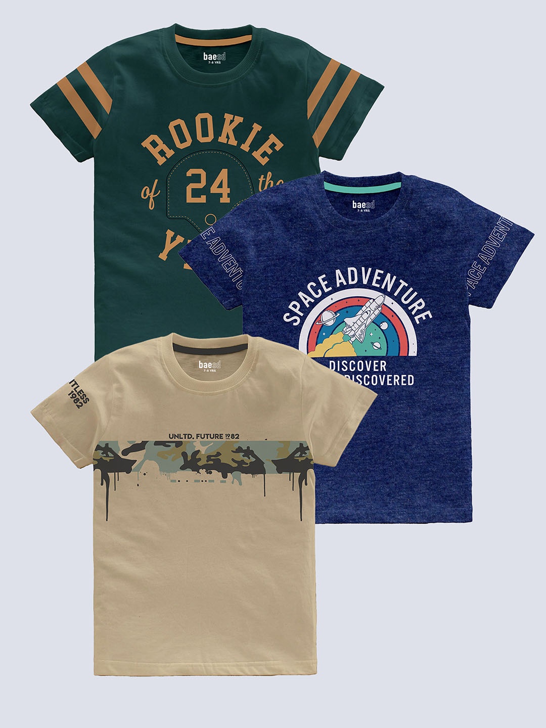 

BAESD Boys Pack Of 3 Printed Round Neck Cotton T-shirt, Green