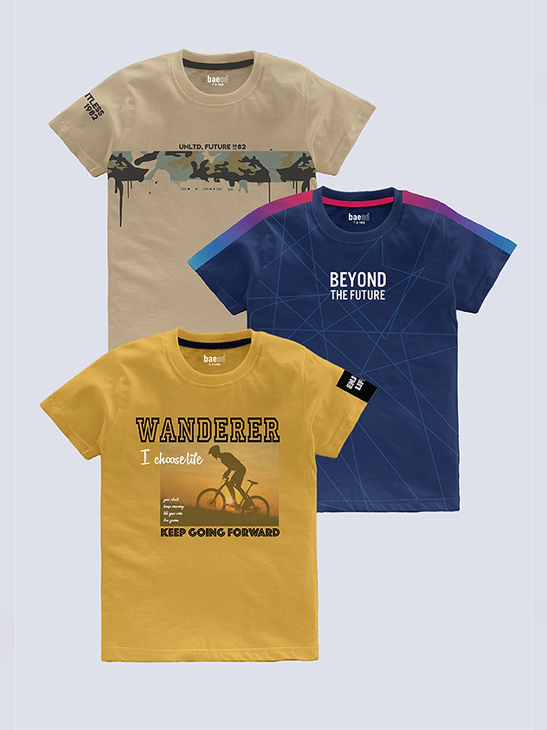

BAESD Boys Pack Of 3 Typography Printed Pure Cotton T-shirt, Beige