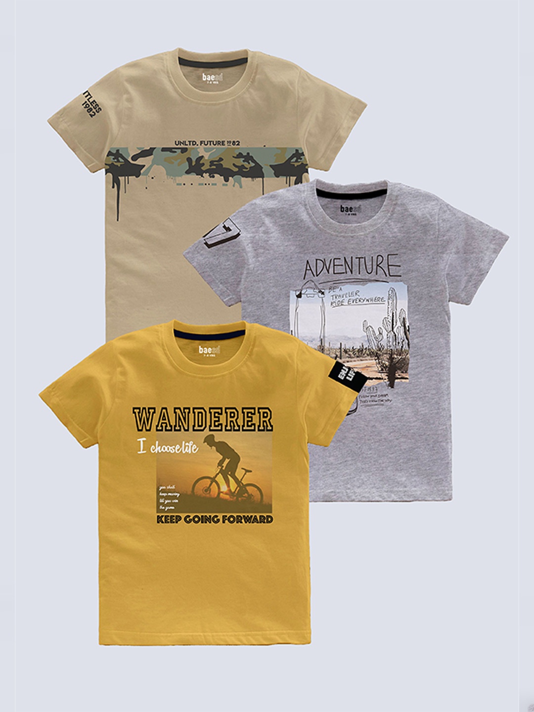 

BAESD Boys Pack Of 3 Typography Printed Pure Cotton T-shirt, Beige