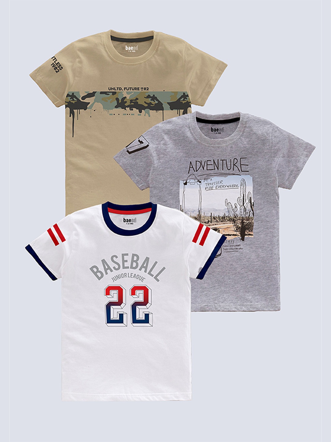 BAESD Boys Pack Of 3 Typography Printed Pure Cotton T-shirt, Beige