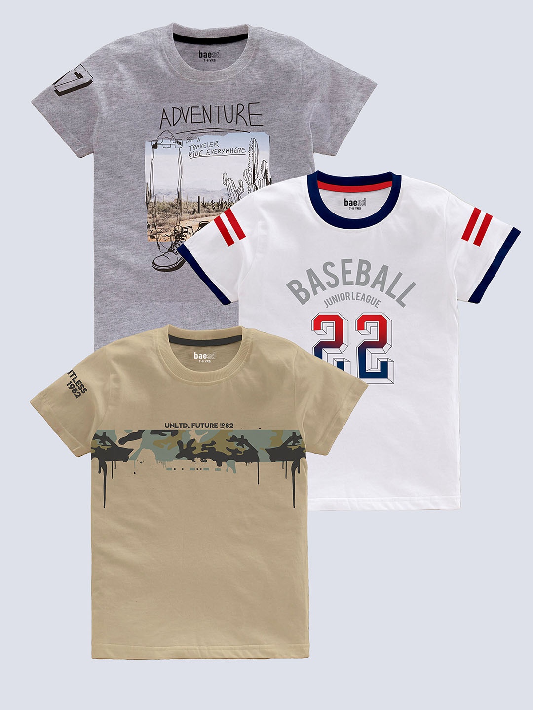 

BAESD Boys Pack Of 3 Printed Pure Cotton T-shirt, Grey