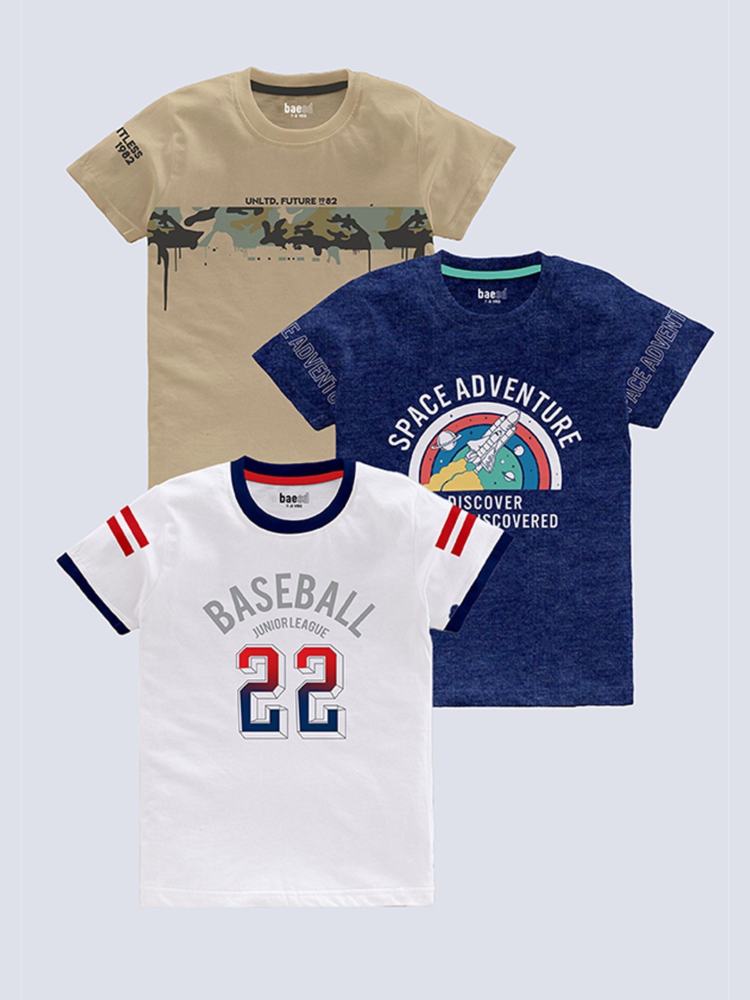 

BAESD Boys Pack Of 3 Typography Printed Pure Cotton T-shirt, Beige