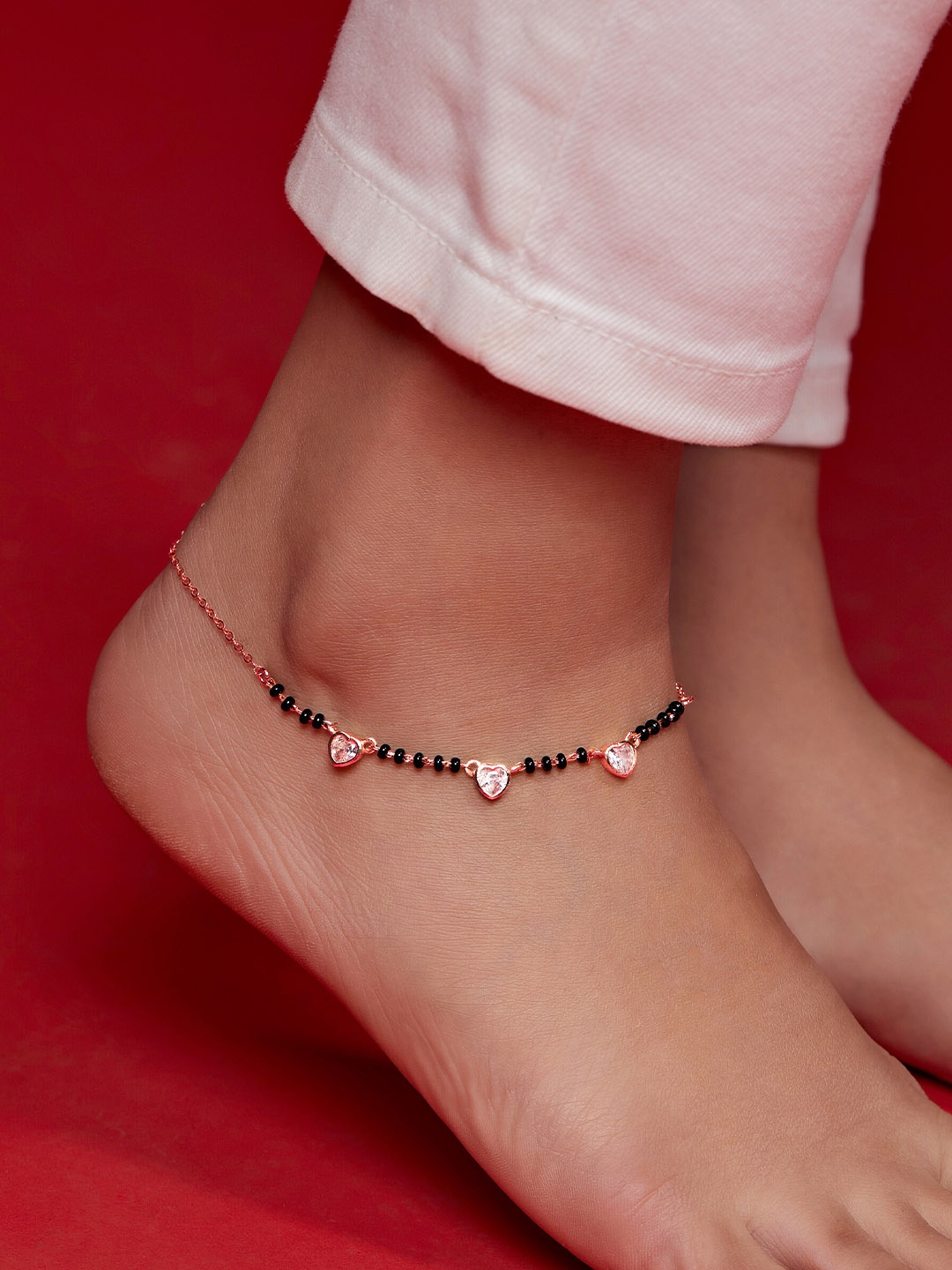 

MINUTIAE Rose Gold-Plated Crystal Studded & Beaded Heart Charm Anklet