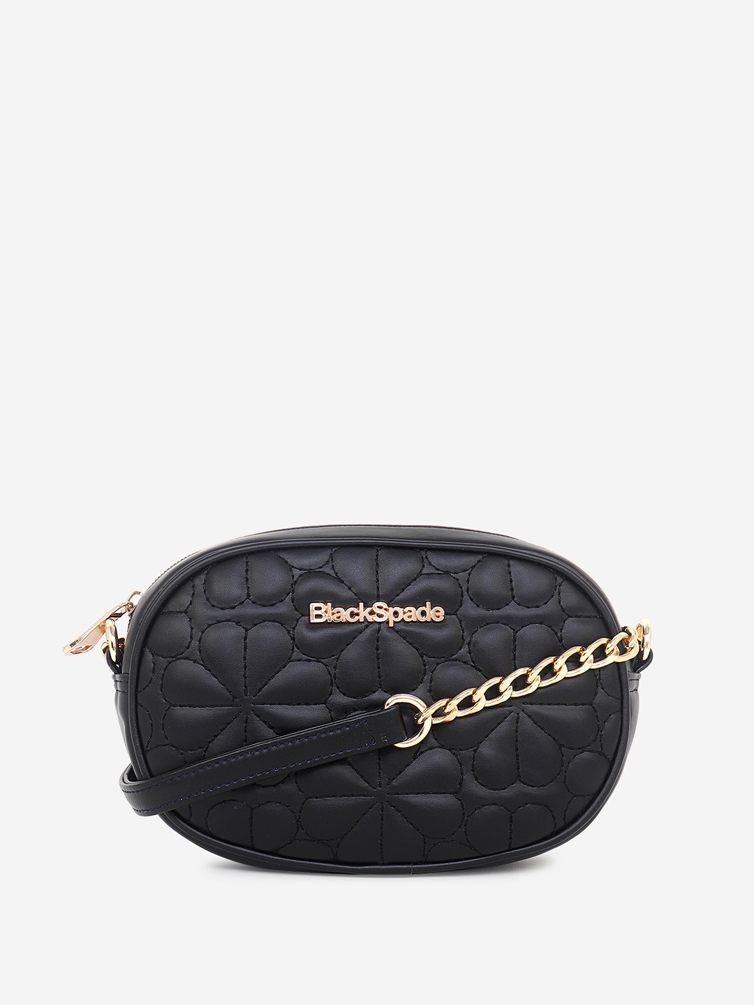 

Black Spade Textured Structured Sling Bag With Quilted