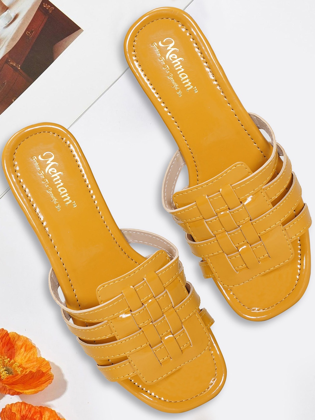 

MEHNAM Wrinkle Free Upper Open Toe Flats, Mustard