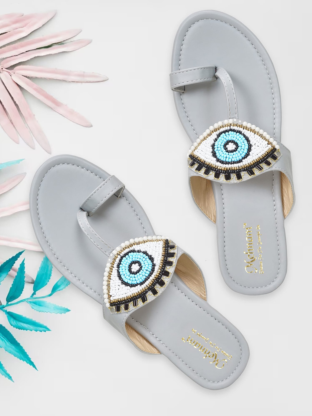 

MEHNAM Women Grey Party T-Strap Flats