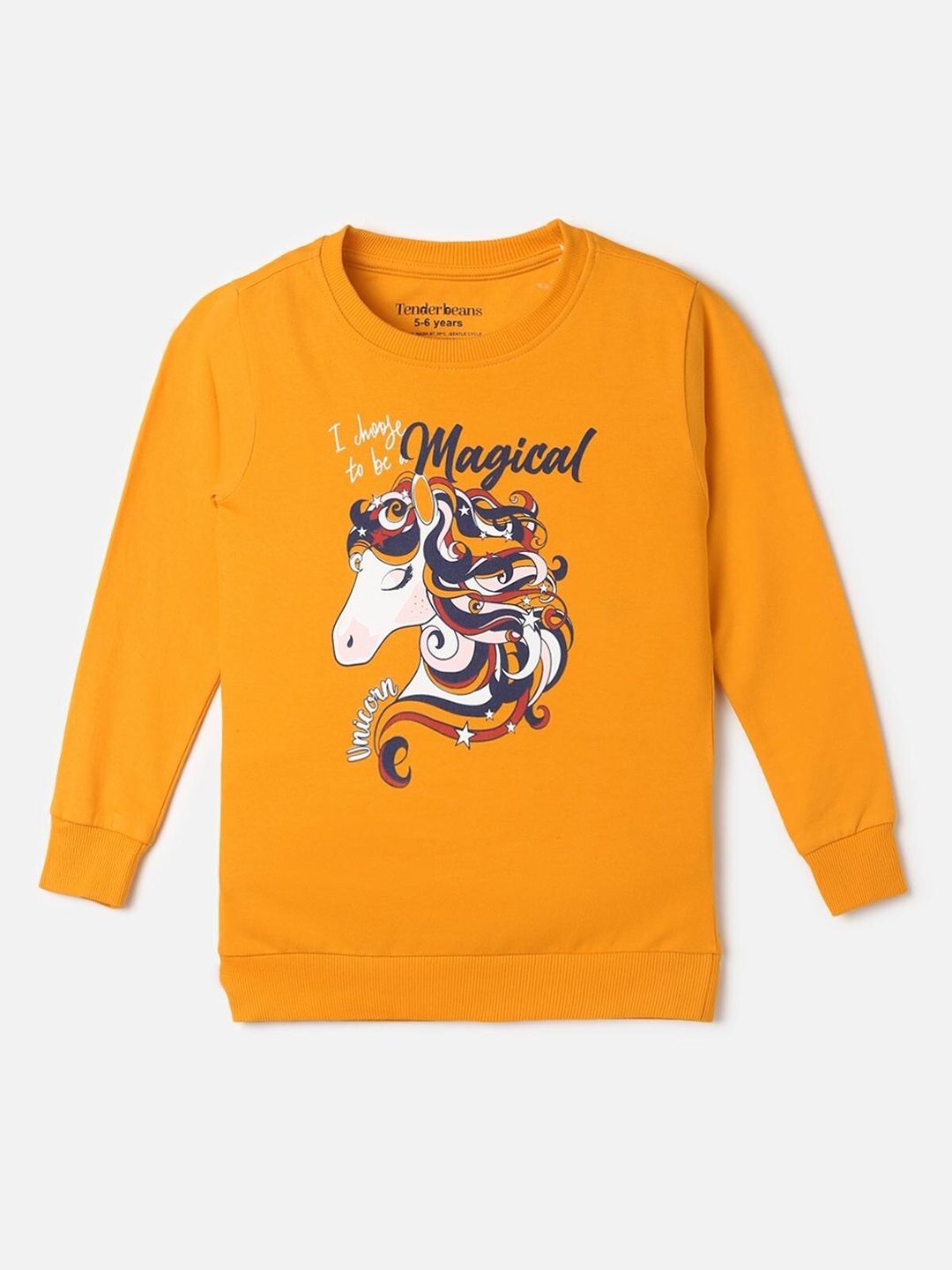 

UrbanMark Girls Unicorn Printed Round Neck Cotton Pullover, Mustard