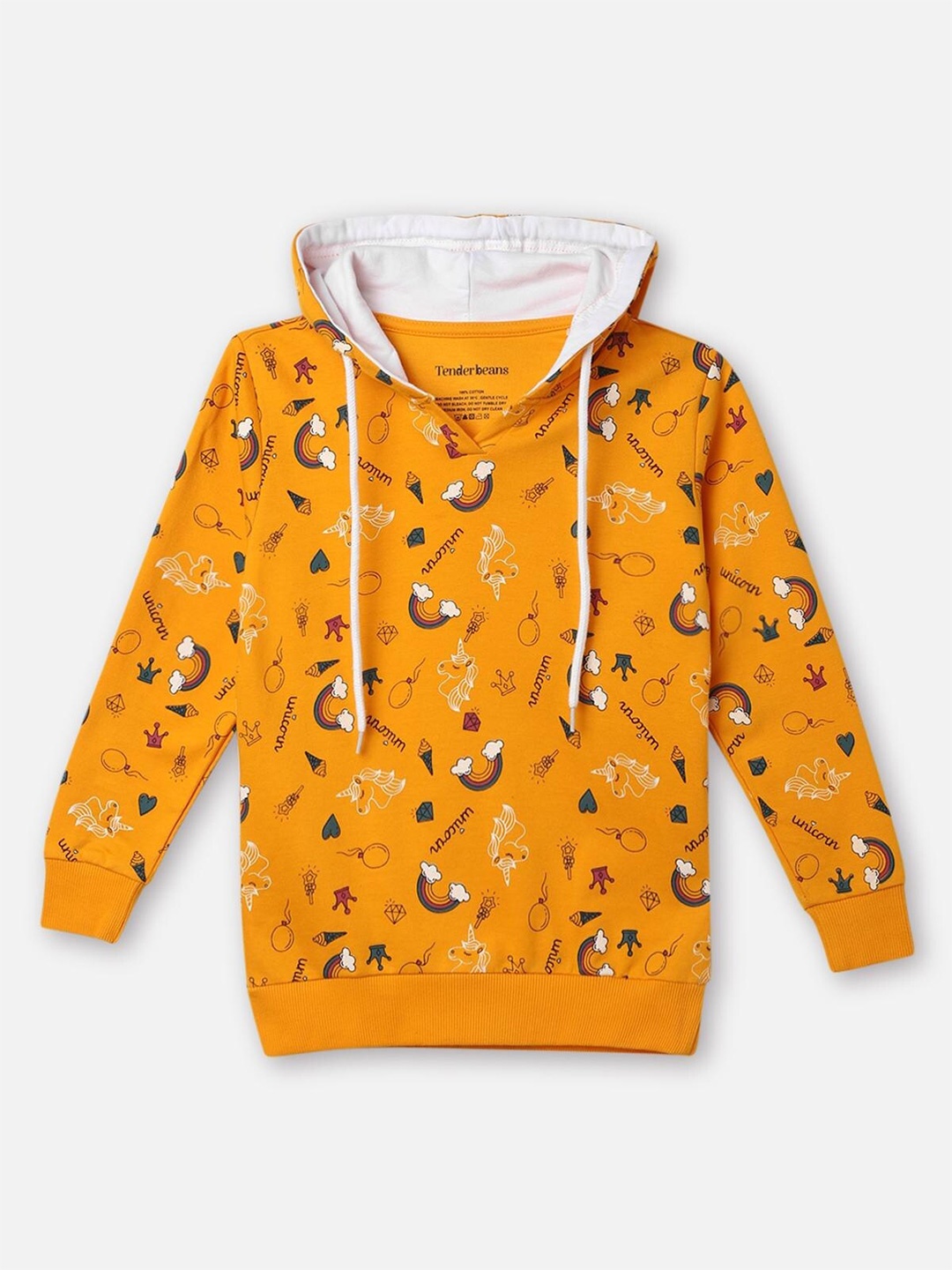 

UrbanMark Girls Printed Hooded Cotton Sweatshirt, Mustard