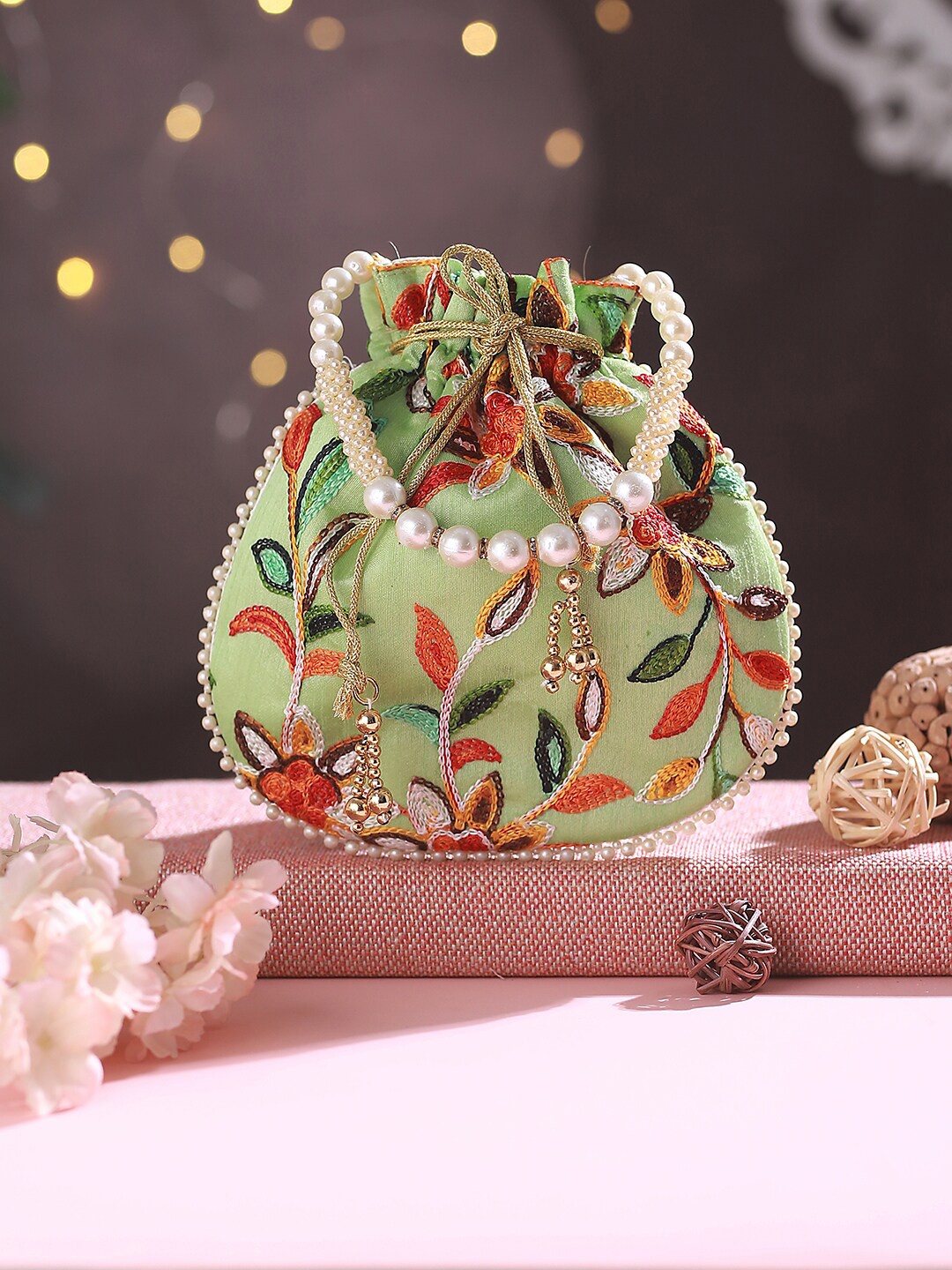 

Jazz and Sizzle Embroidered Embellished Potli Clutch, Green