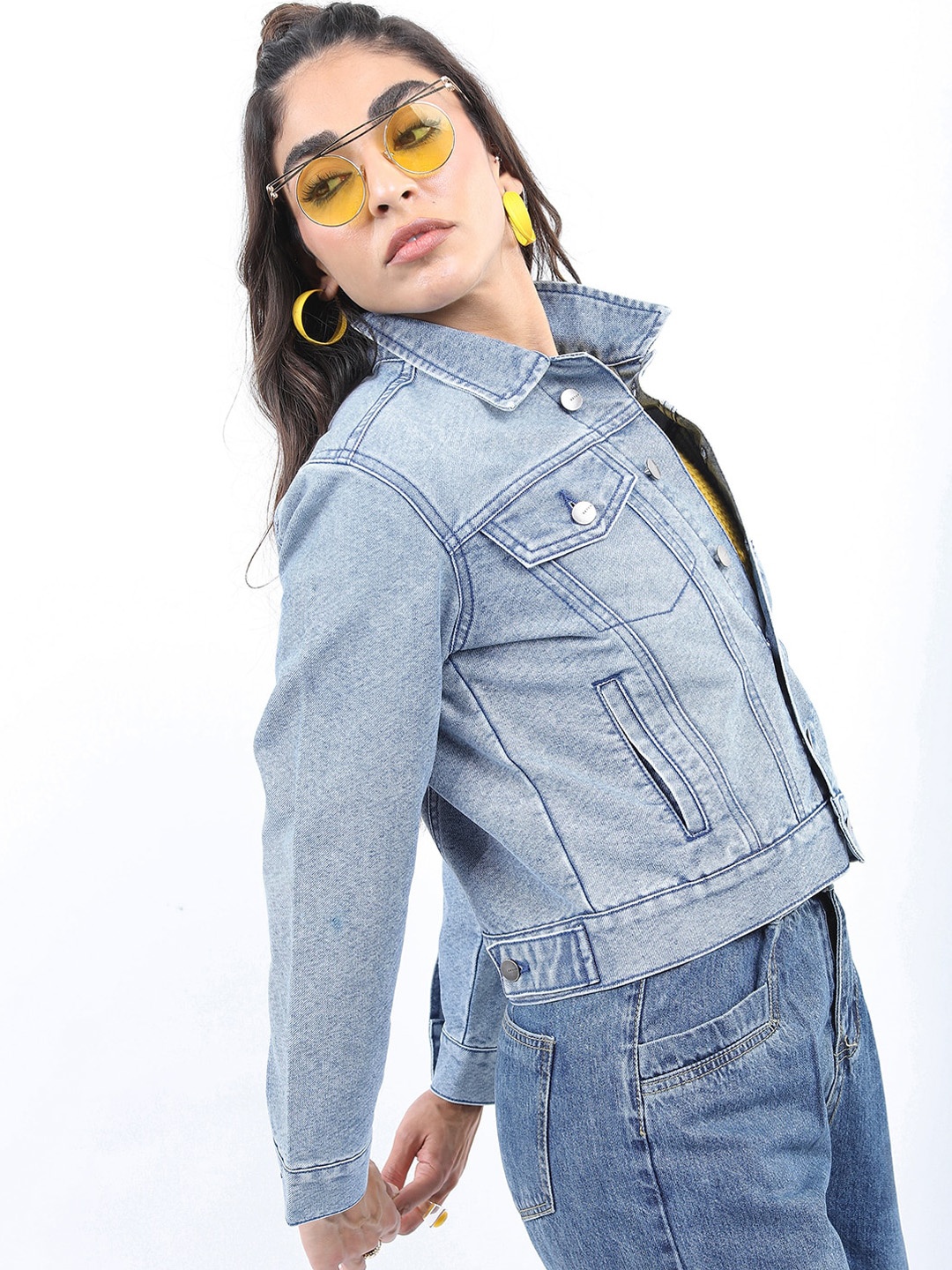 

KETCH Washed Spread Collar Crop Denim Jacket, Blue