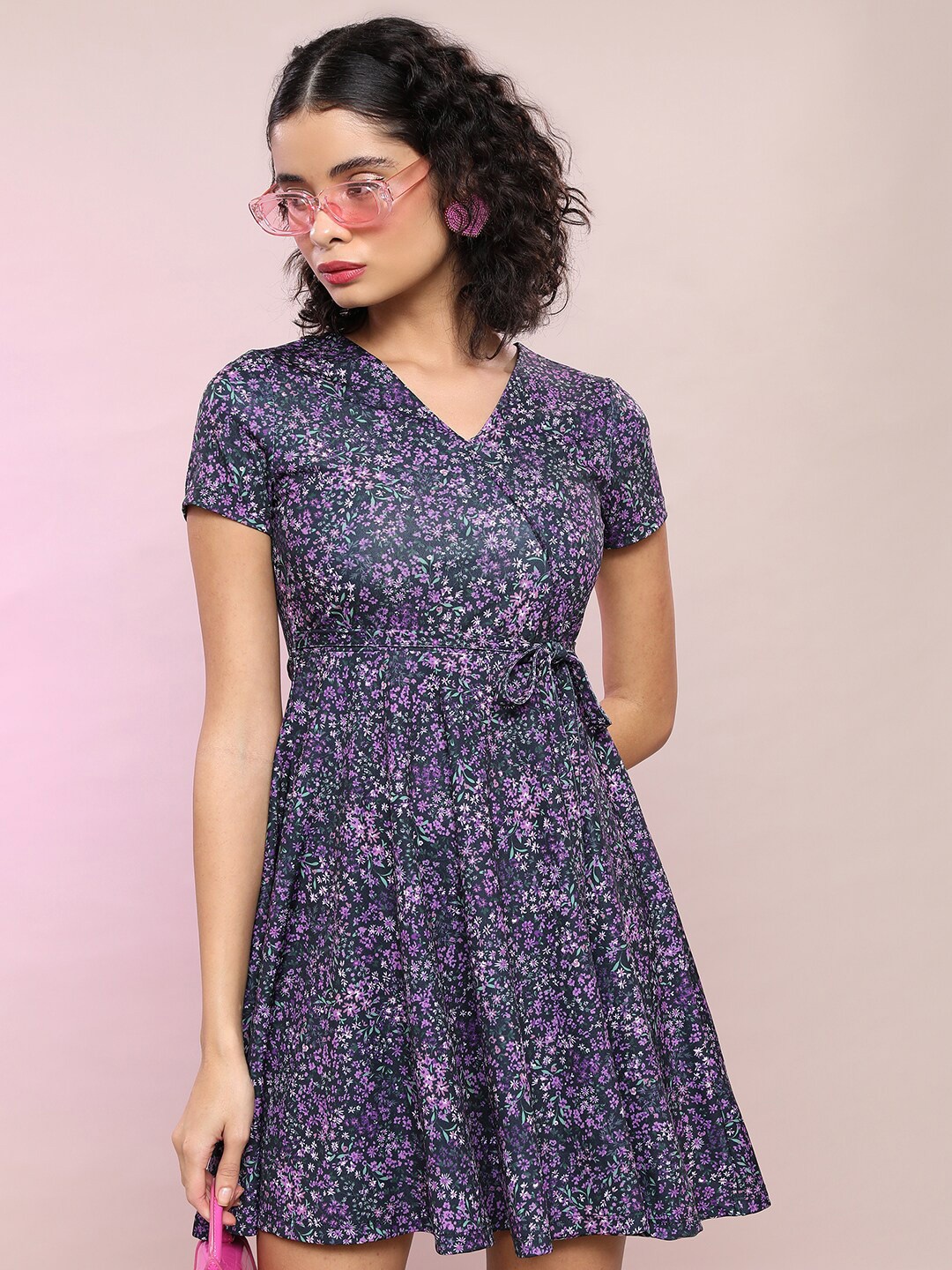 

KETCH Floral Printed V-Neck Belted Wrap Dress, Black