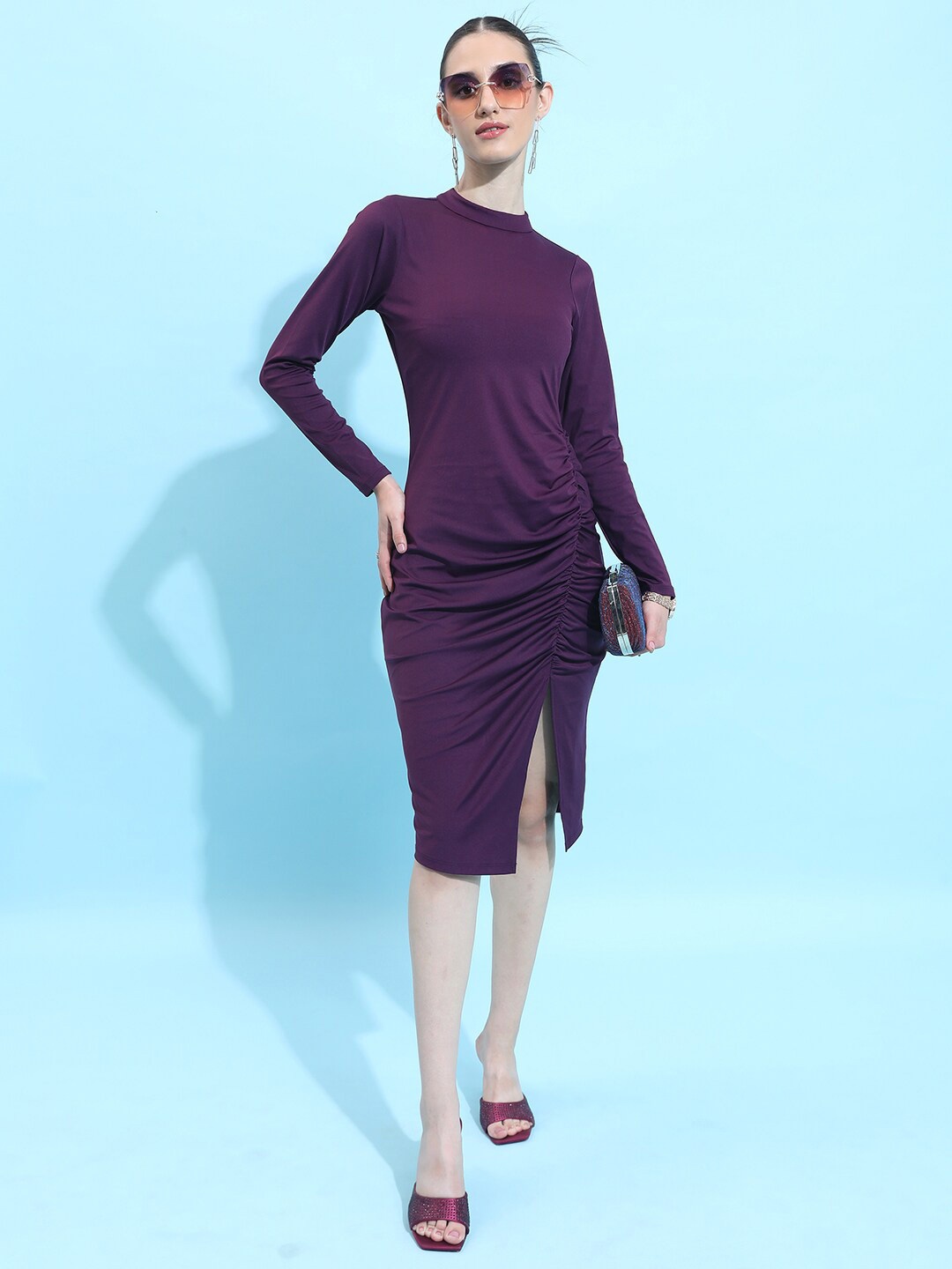 

KETCH High Neck Gathered Casual Sheath Midi Dress, Purple