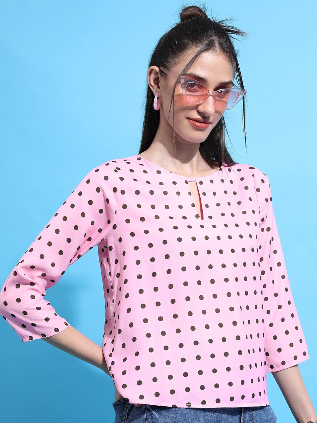 

KETCH Polka Dot Printed Keyhole Neck Top, Pink