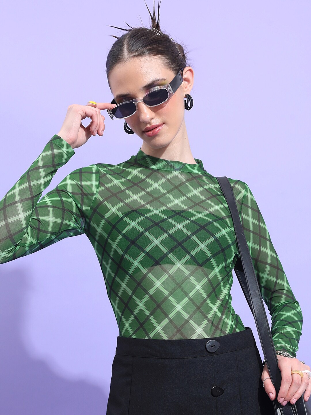 

KETCH Checked High Neck Regular Top, Green