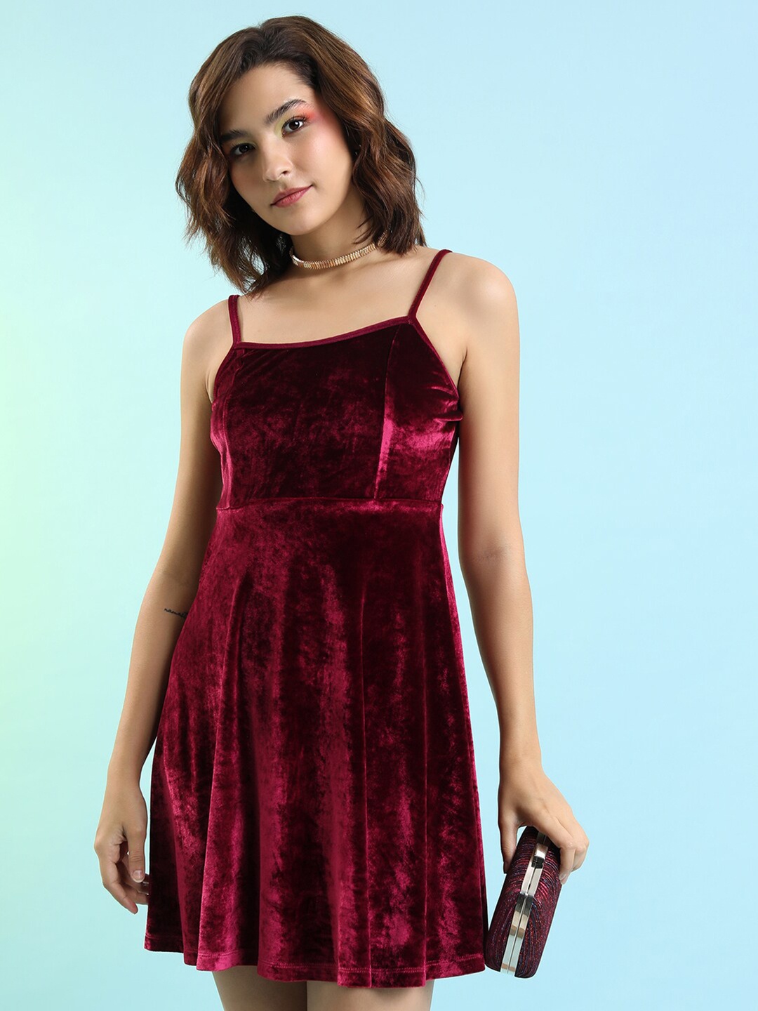 

KETCH Shoulder Straps Sleeveless Velvet Fit & Flare Dress, Red