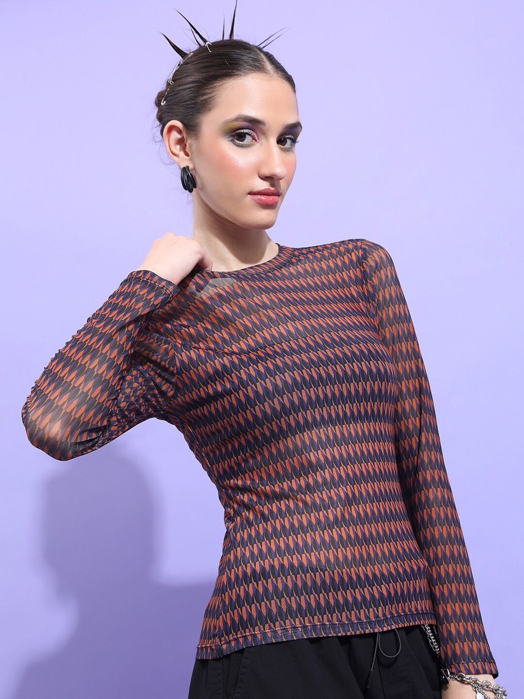 

KETCH Geometric Printed Fitted Regular Top, Purple