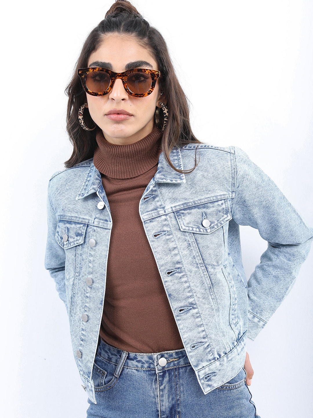 

KETCH Washed Spread Collar Crop Denim Jacket, Blue