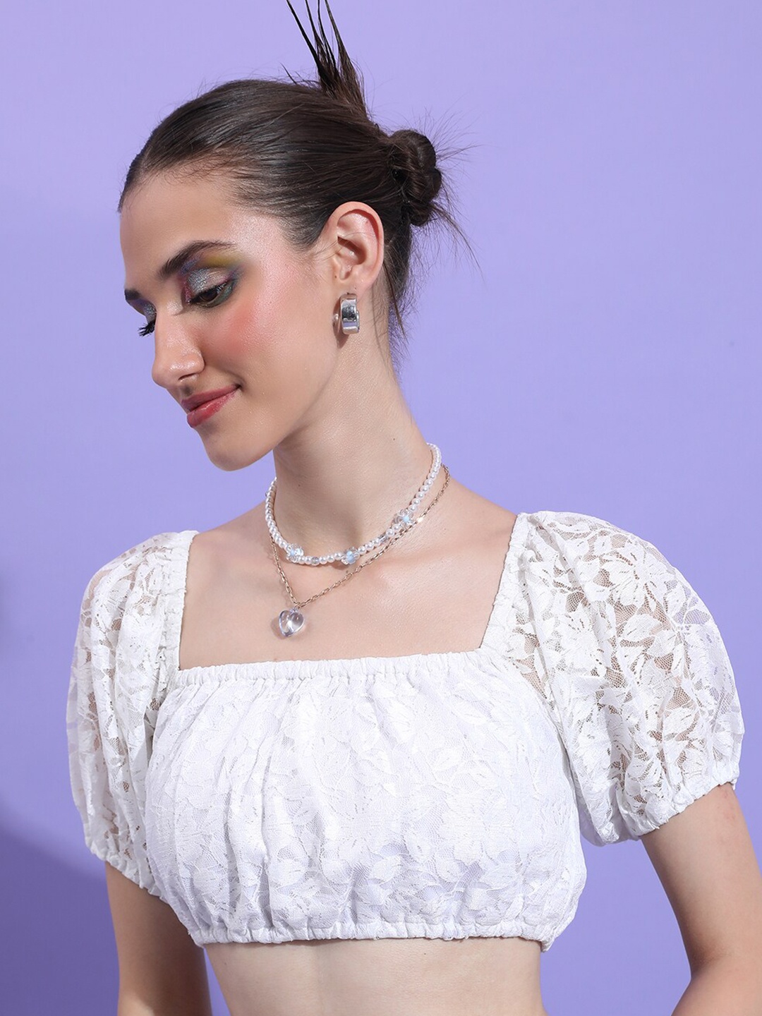 

KETCH Self Designed Puff Sleeves Crop Top, White