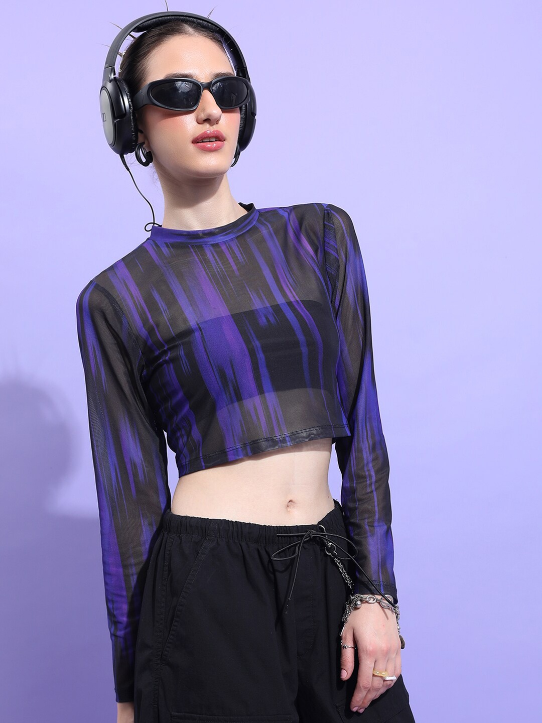 

KETCH Abstract Printed Round Neck Long Sleeves Sheer Crop Top, Purple