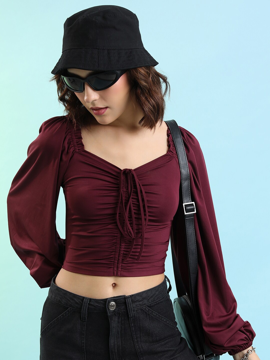 

KETCH Ruched Puff Sleeve Crop Top, Burgundy