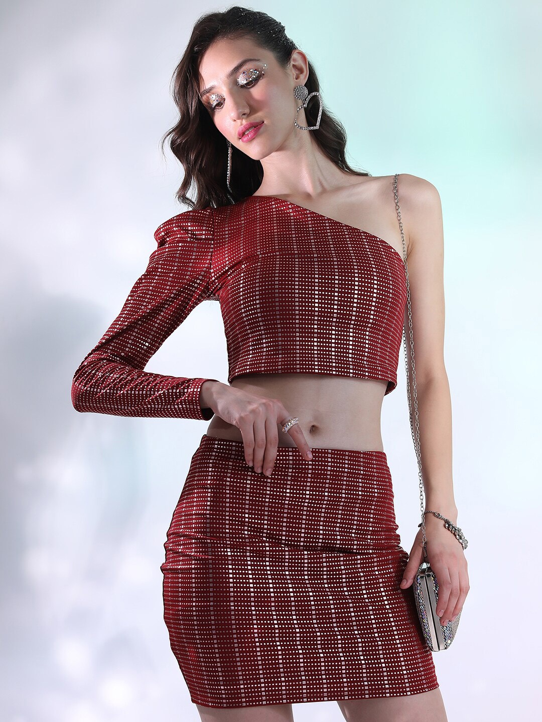 

KETCH Geometric Printed One-Shoulder Crop Top With Skirt, Red