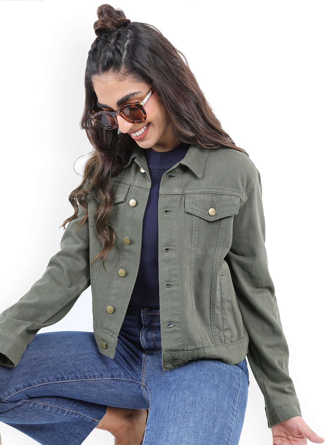 

KETCH Washed Spread Collar Cotton Denim Jacket, Green