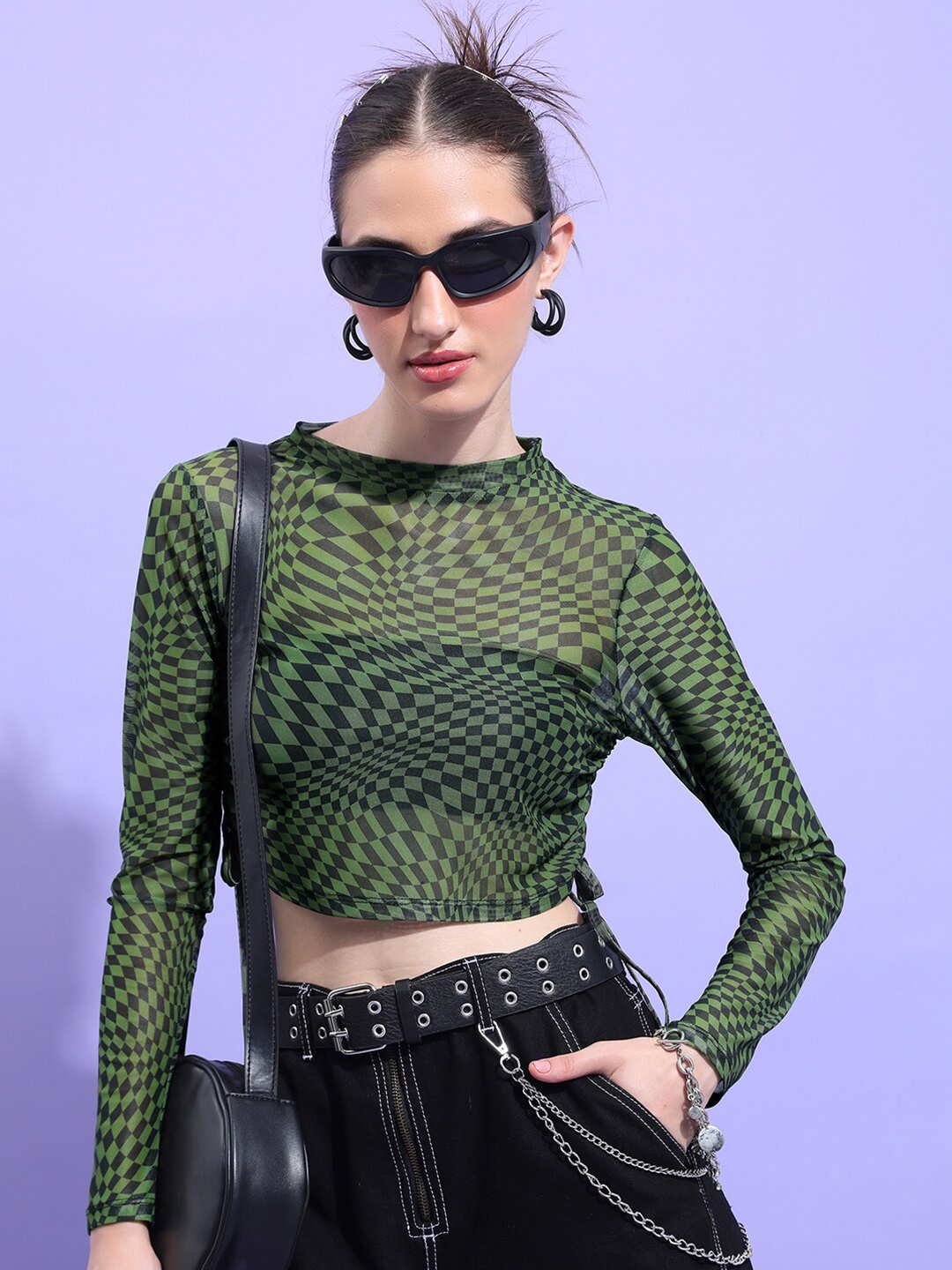 

KETCH Geometric Printed Ruched Fitted Crop Top, Green