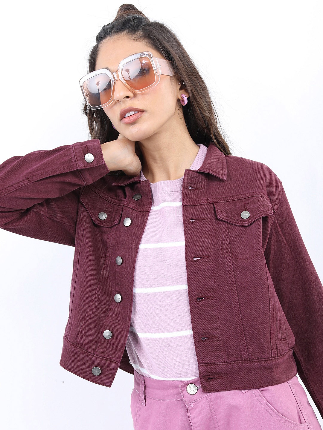 

KETCH Spread Collar Cotton Crop Denim Jacket, Maroon