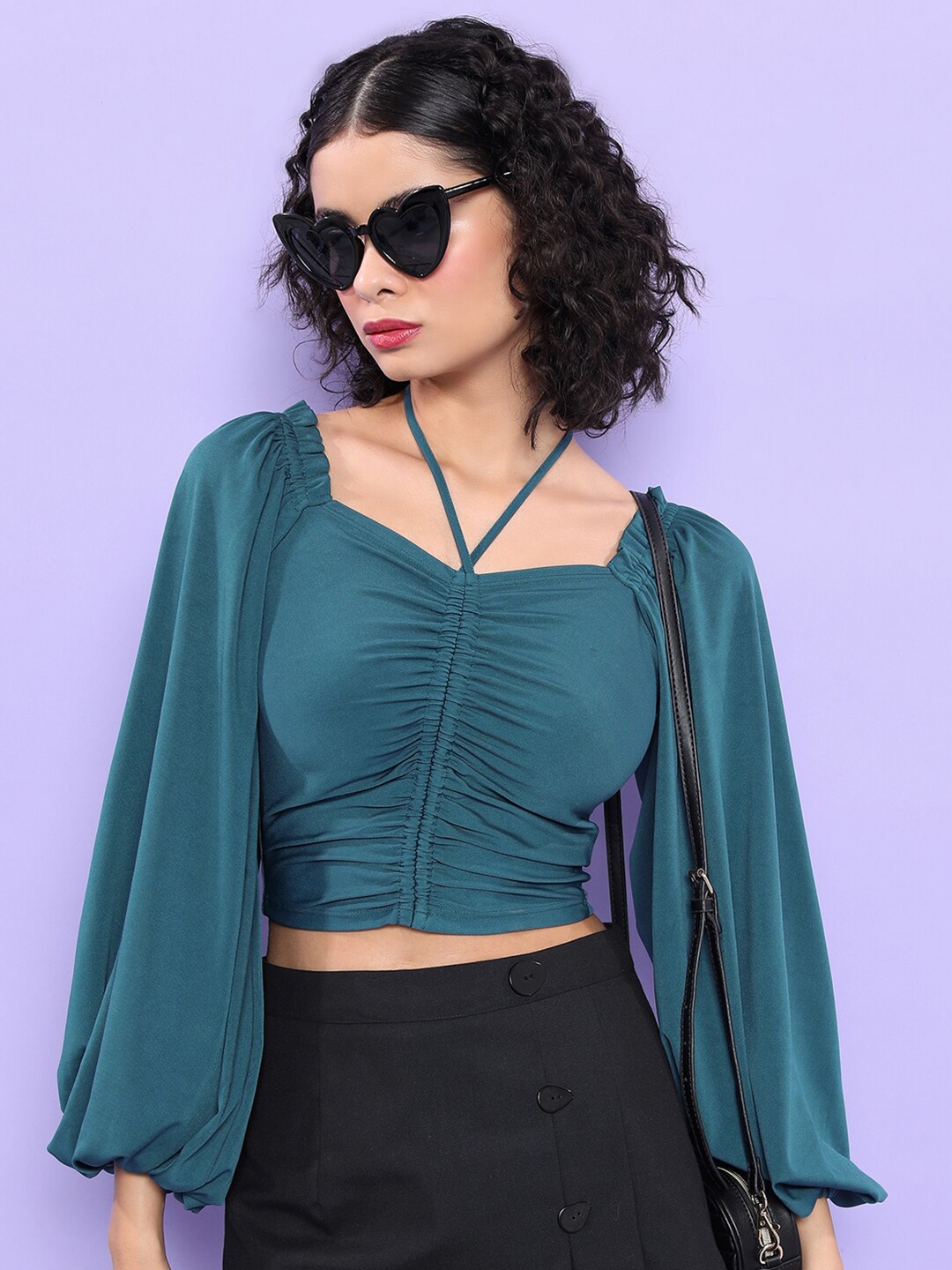 

KETCH Tie-Up Neck Puff Sleeve Crop Top, Teal