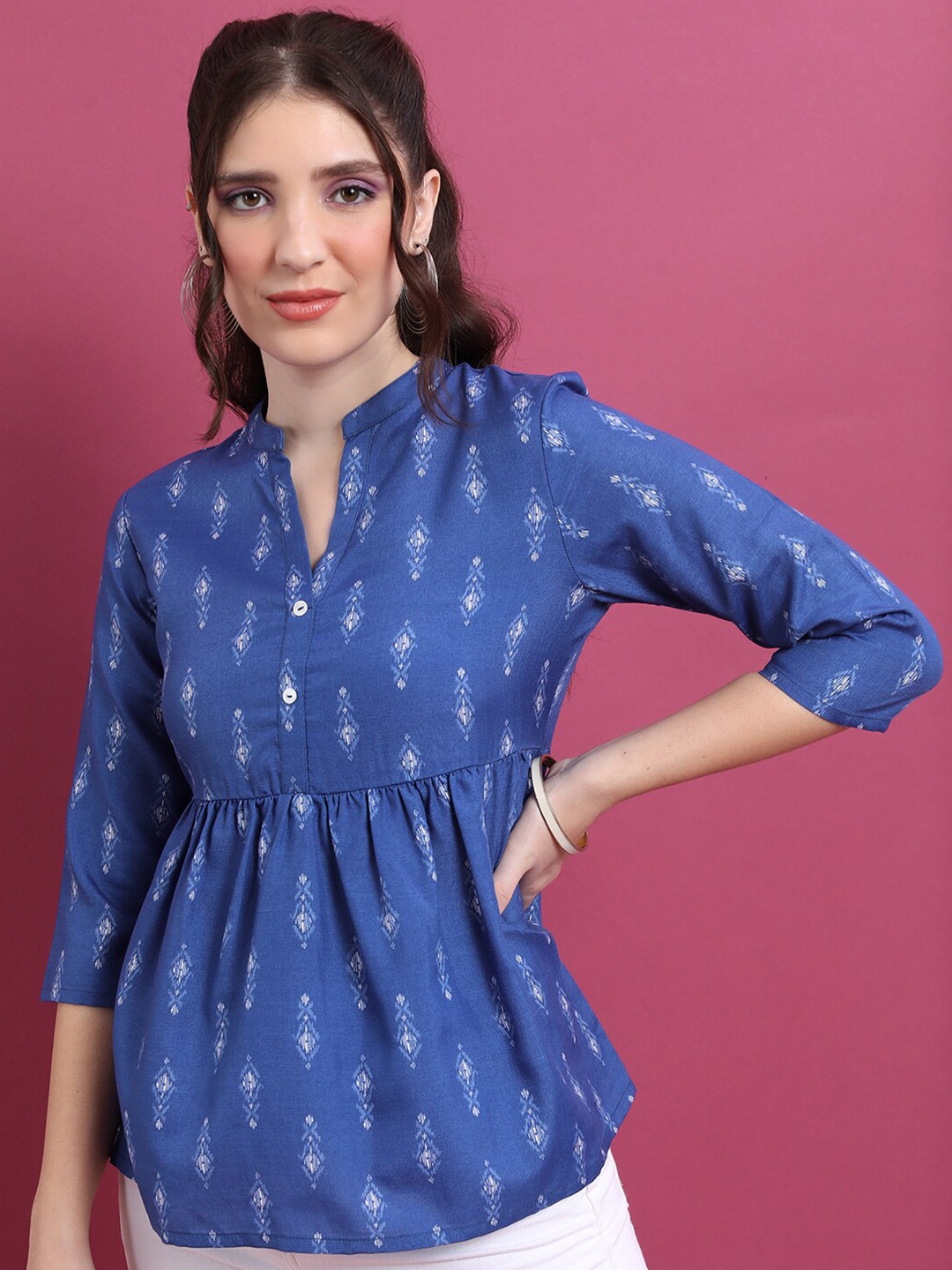 

KETCH Ethnic Motifs Printed Mandarin Collar Empire Top, Blue