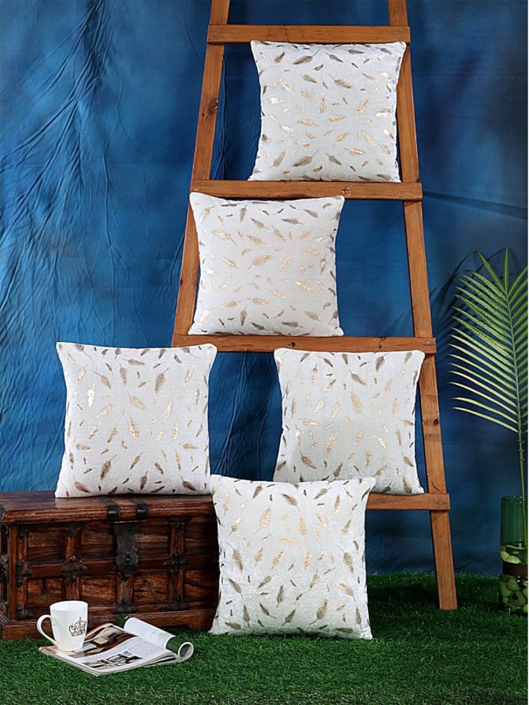 

HOMETALES 5 Pieces White & Beige Leaf Foil Printed Square Cushion Covers