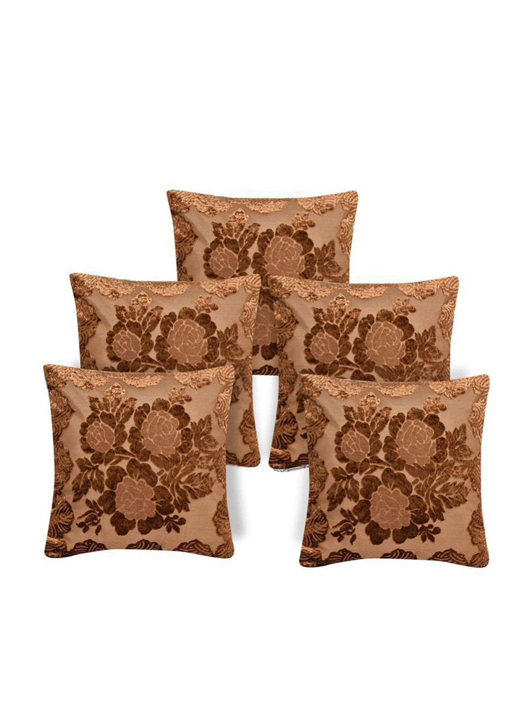 

HOMETALES 5 Pieces Brown & Beige Floral Jacquard Velvet Square Cushion Covers