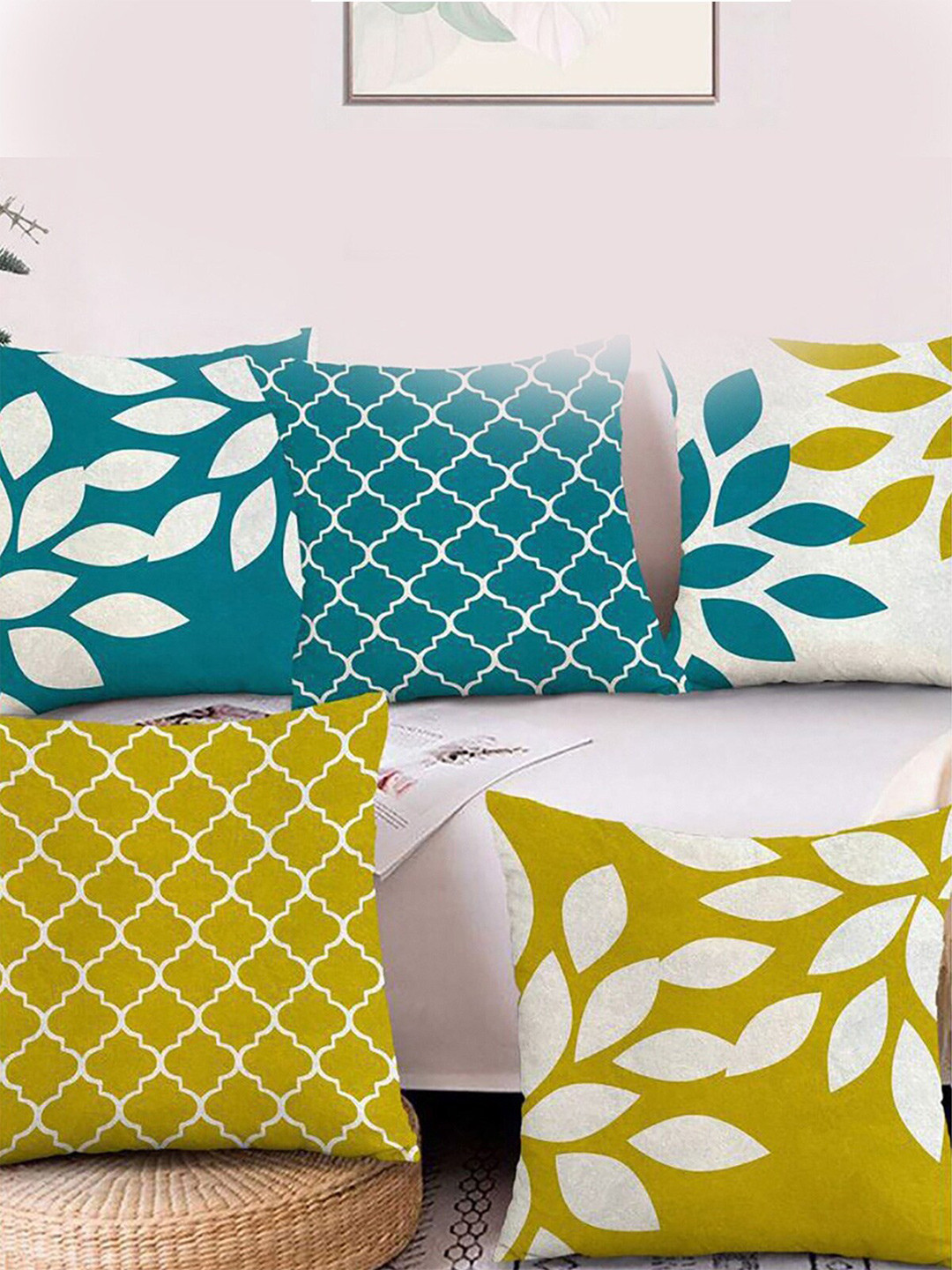 

HOMETALES 5 Pieces White & Teal Green Floral Jute Square Cushion Covers