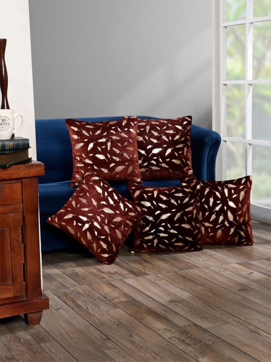 

HOMETALES 5 Pieces Brown Leaf Foil Printed Square Cushion Covers