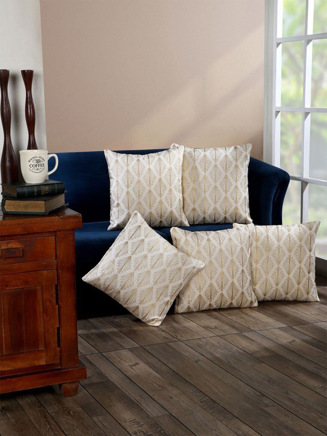 

HOMETALES 5 Pieces Cream-Coloured & Beige Geometric Square Cushion Covers