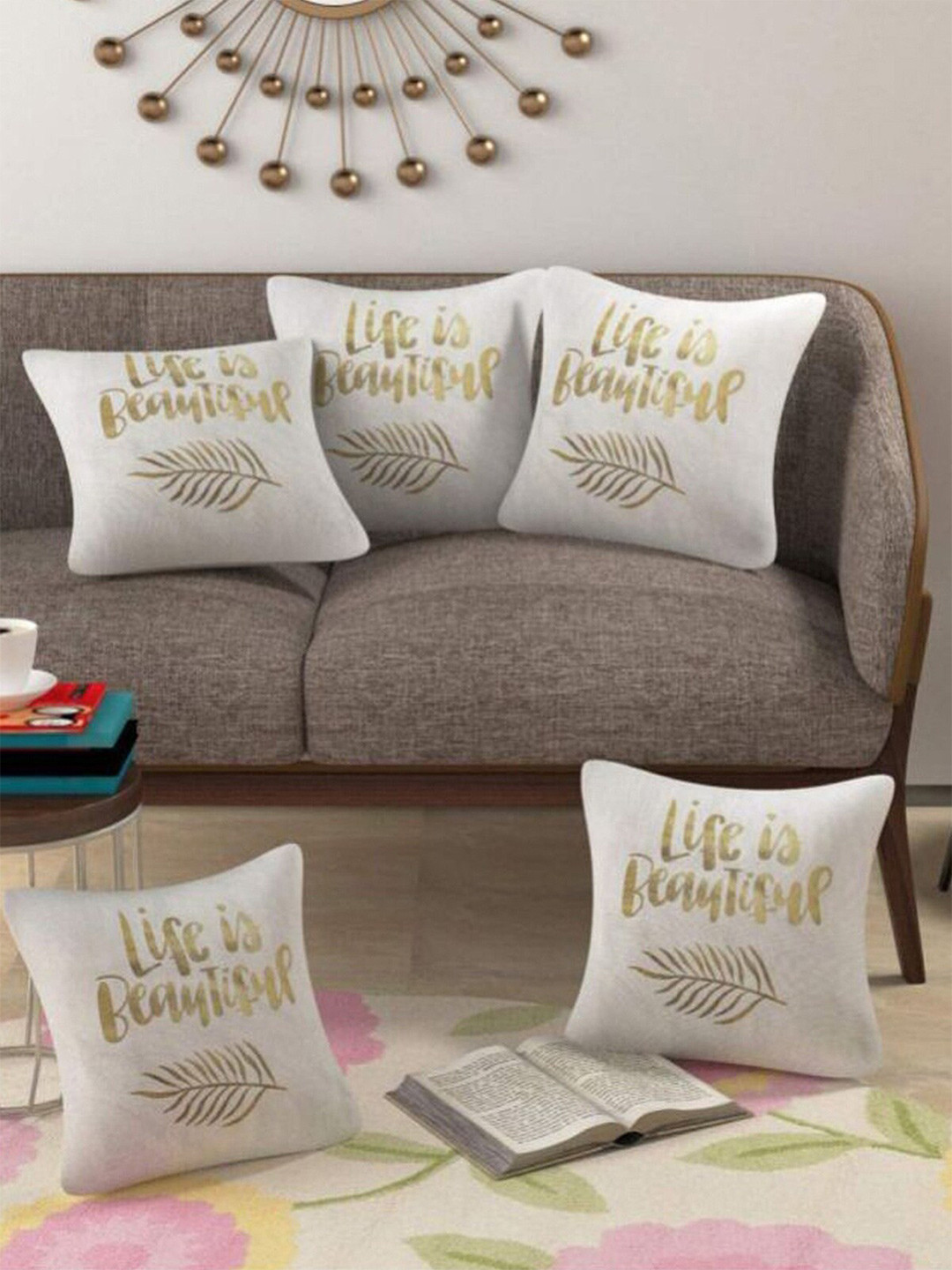 

HOMETALES Cream-Coloured & Beige 5 Pieces Jute Silk Square Cushion Covers