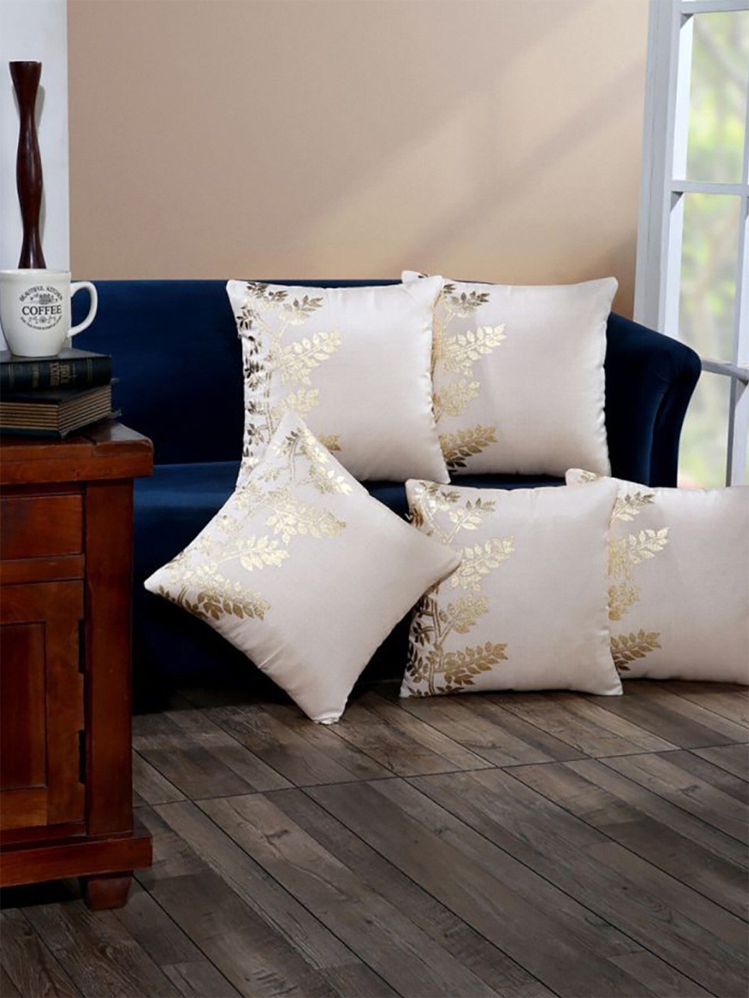 

HOMETALES Cream-Coloured & Beige 5 Pieces Floral Square Cushion Covers