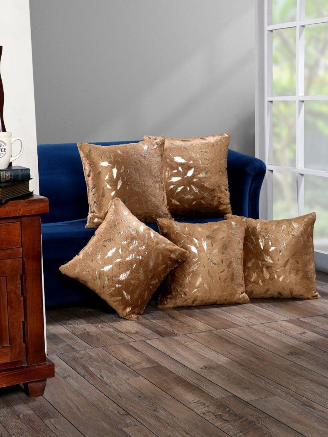 

HOMETALES Gold-Toned & Beige 5 Pieces Geometric Square Cushion Covers