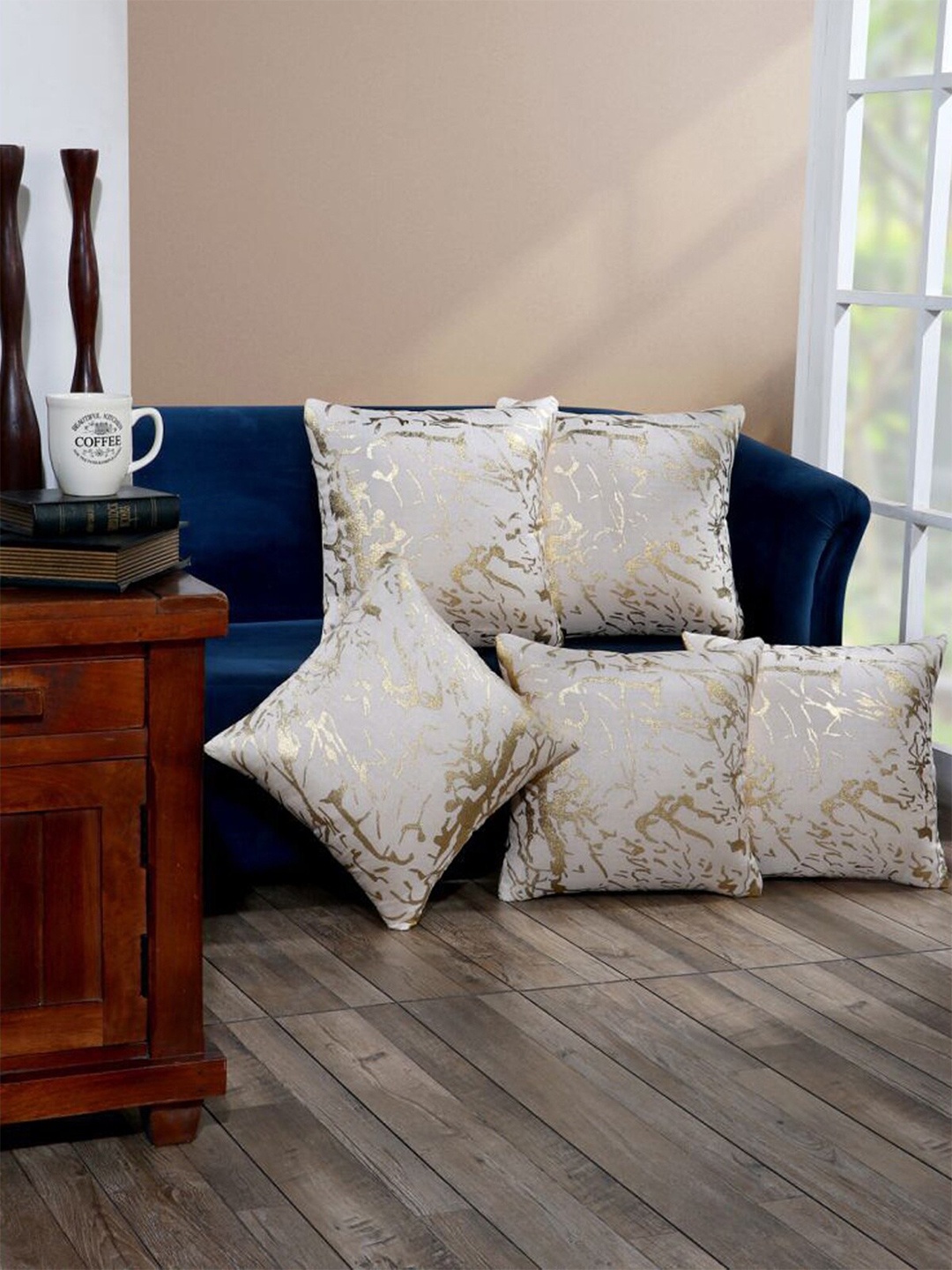 

HOMETALES Cream-Coloured 5 Pieces Abstract Square Cushion Covers