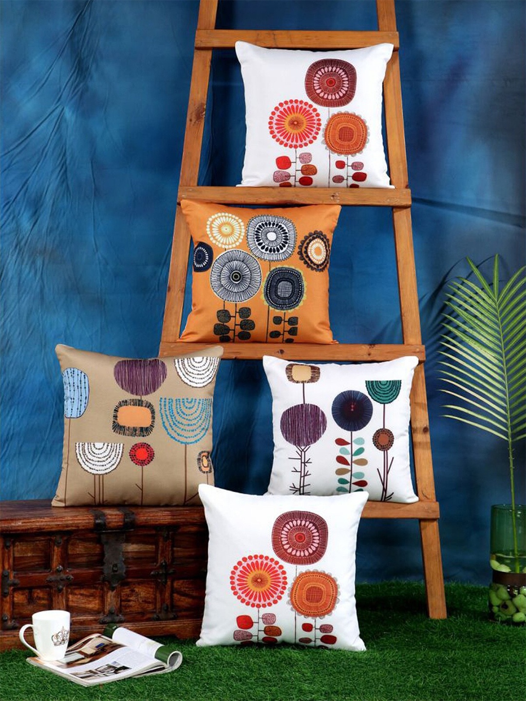 

HOMETALES White & Orange 5 Pieces Ethnic Motifs Printed Square Cushion Covers