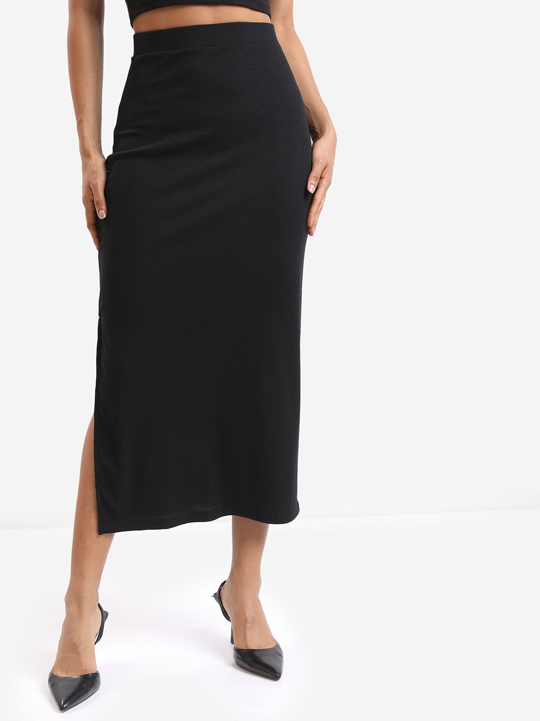 

Tokyo Talkies A-Line Side Slit Midi Skirt, Black
