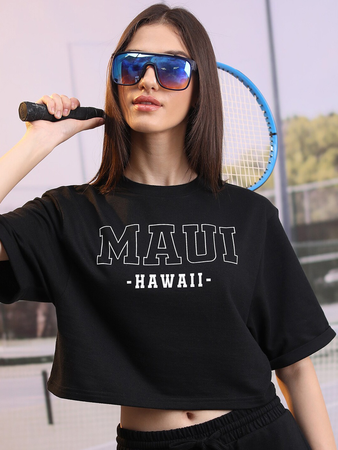 

Tokyo Talkies Typography Printed Drop-Shoulder Sleeves Oversized Crop Sports T-shirt, Black