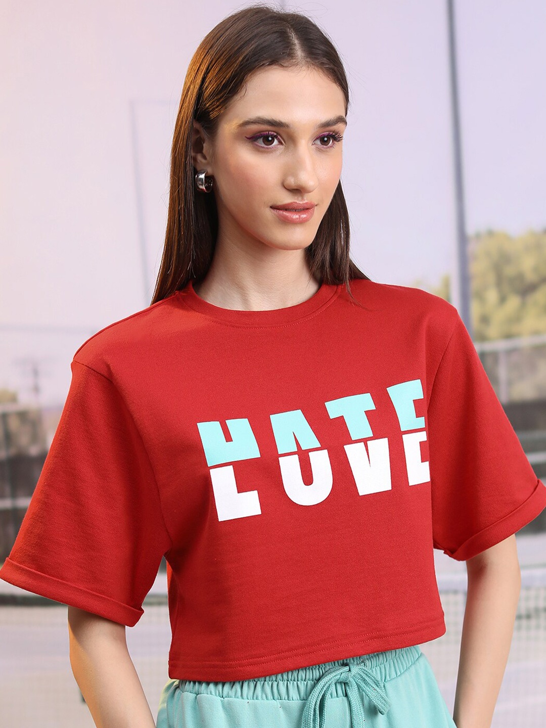 

Tokyo Talkies Typography Printed Drop-Shoulder Sleeves Oversized Crop T-shirt, Red