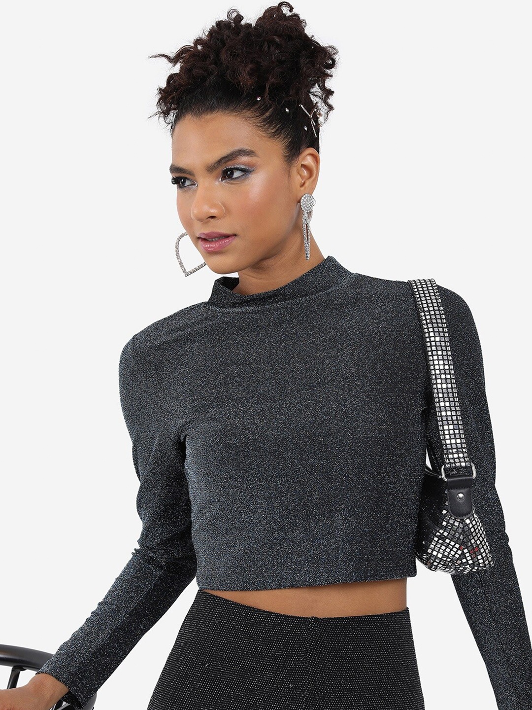 

Tokyo Talkies Black Self Design High Neck Crop Top