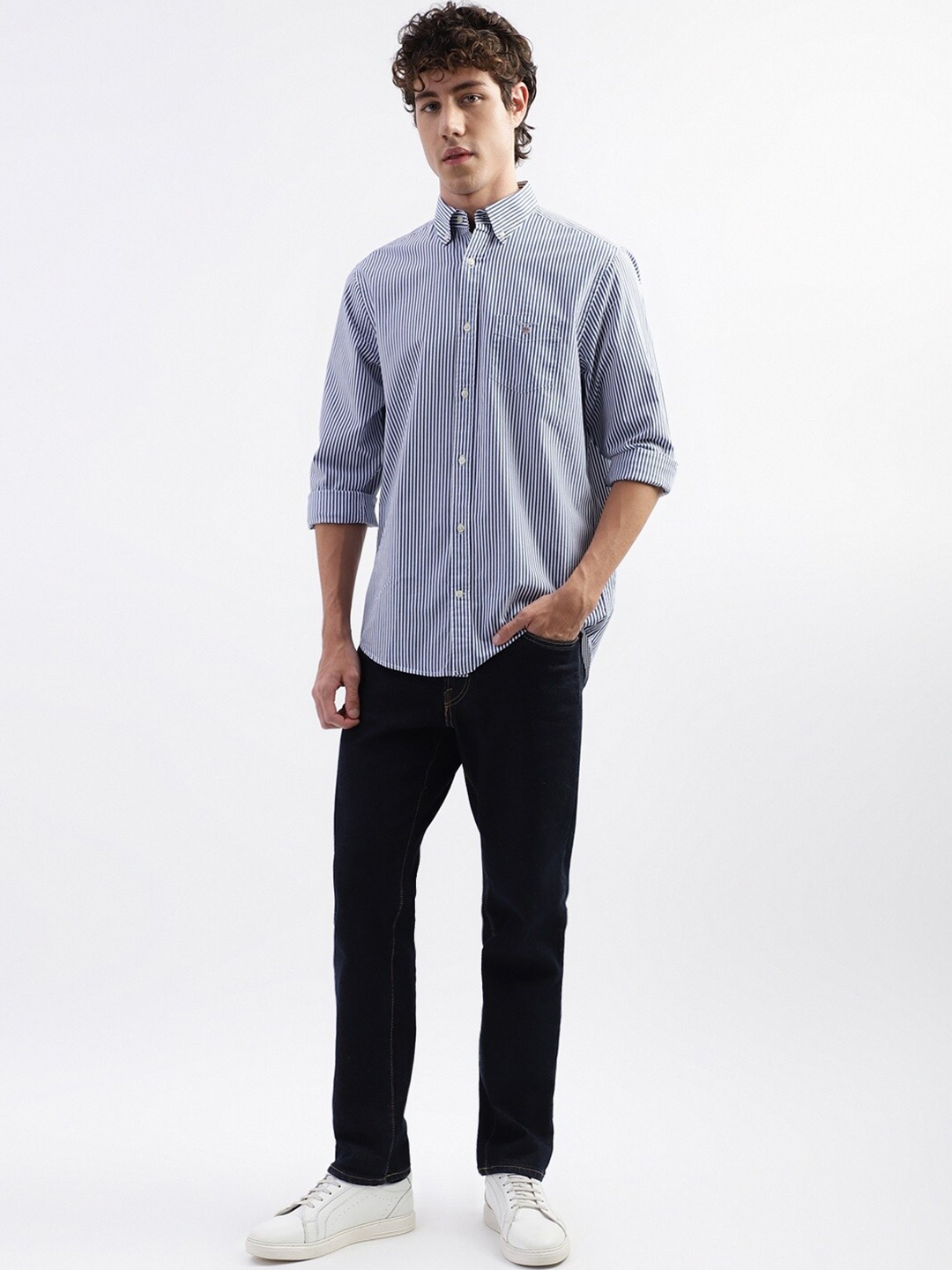 

GANT Button-Down Collar Vertical Stripes Pure Cotton Casual Shirt, Blue