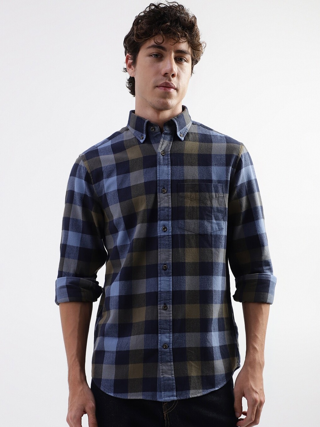 

GANT Buffalo Checked Button-Down Collar Pure Cotton Casual Shirt, Navy blue