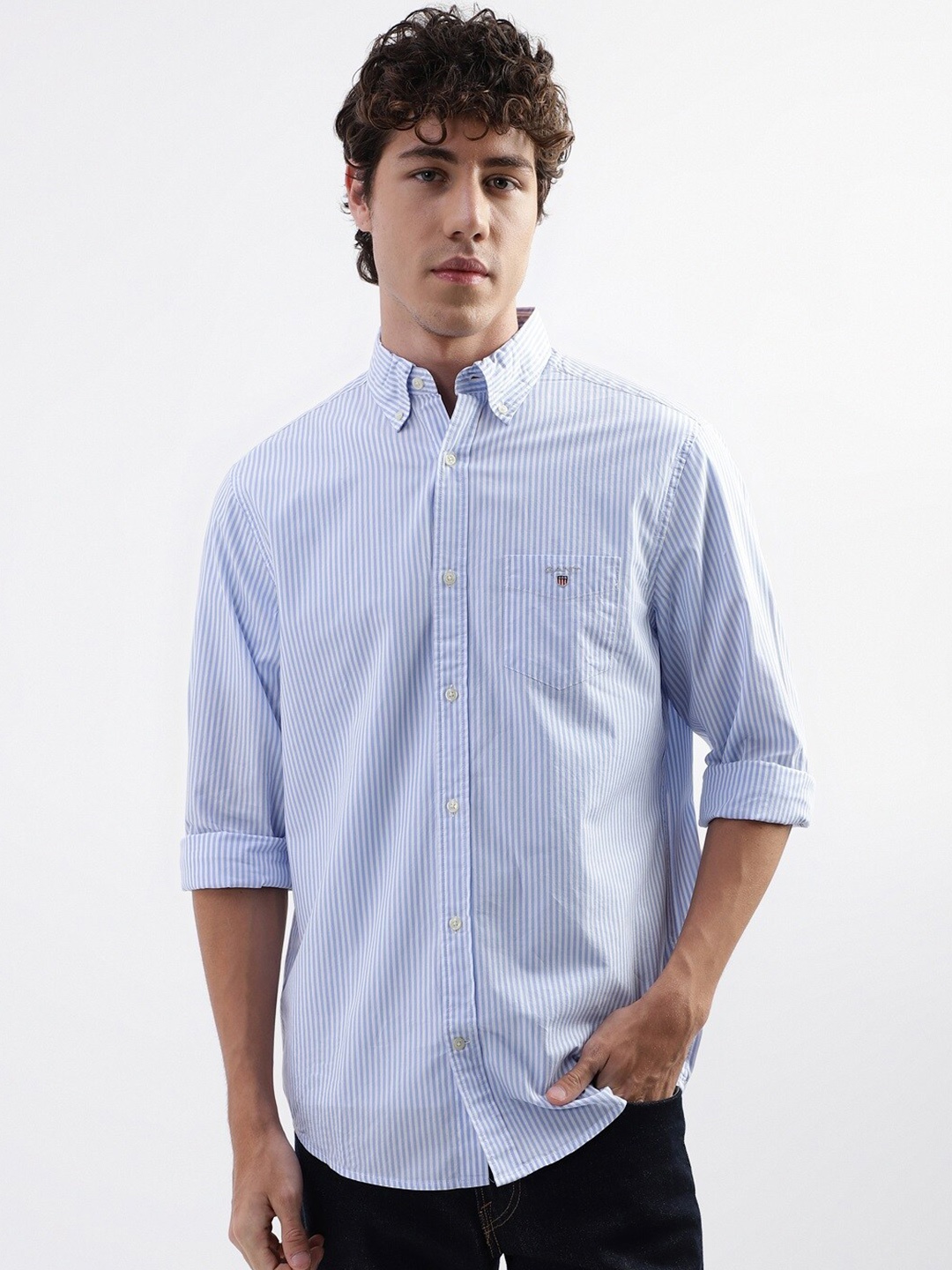 

GANT Vertical Striped Button-Down Collar Casual Pure Cotton Shirt, Blue