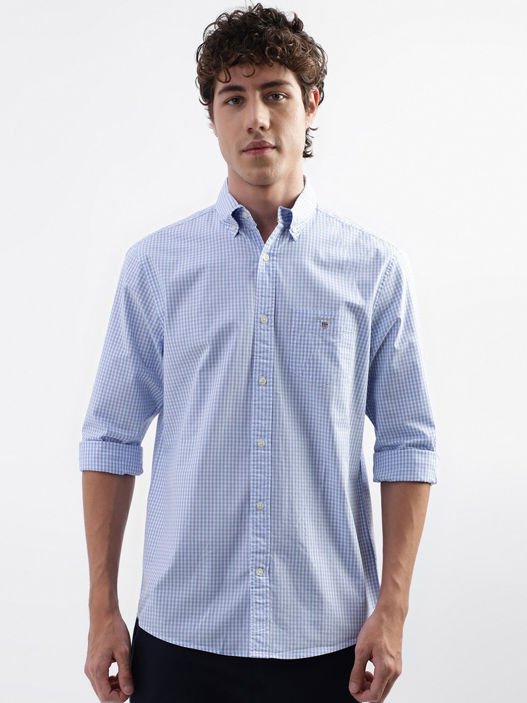 

GANT Micro Checks Button-Down Collar Pure Cotton Casual Shirt, Blue
