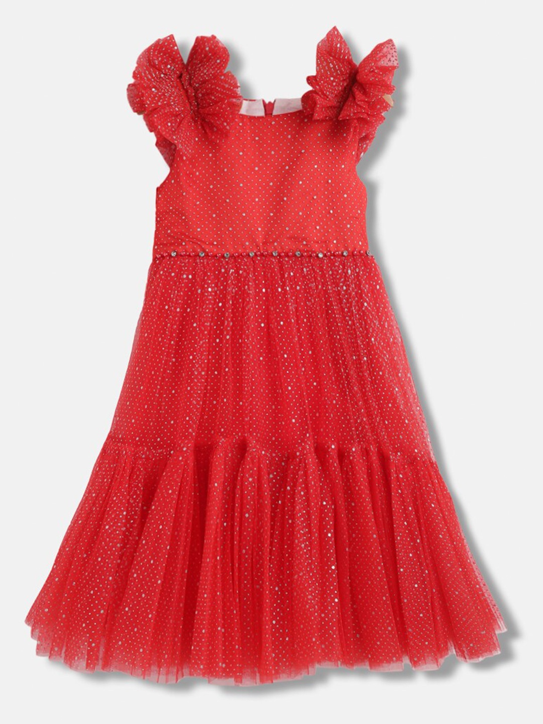 

Blue Giraffe Girls Embellished Flutter Sleeves Gathered Tiered Fit & Flare Dress, Red